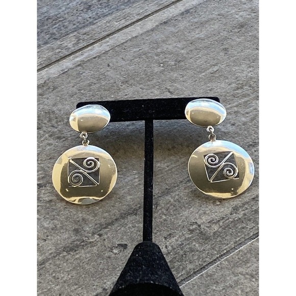 925 SU Sterling Silver Earrings Dangles Drops Vintage Circles Art Deco - Picture 7 of 10